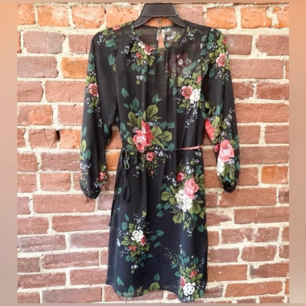 LOFT Petites Black Floral Chiffon‎ Long Sleeve Shift Dress XS Petite NWT 580493